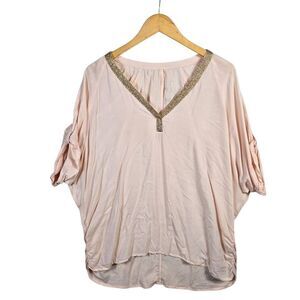 Juicy Couture Blush Pink Blouse with Gold V-Neck